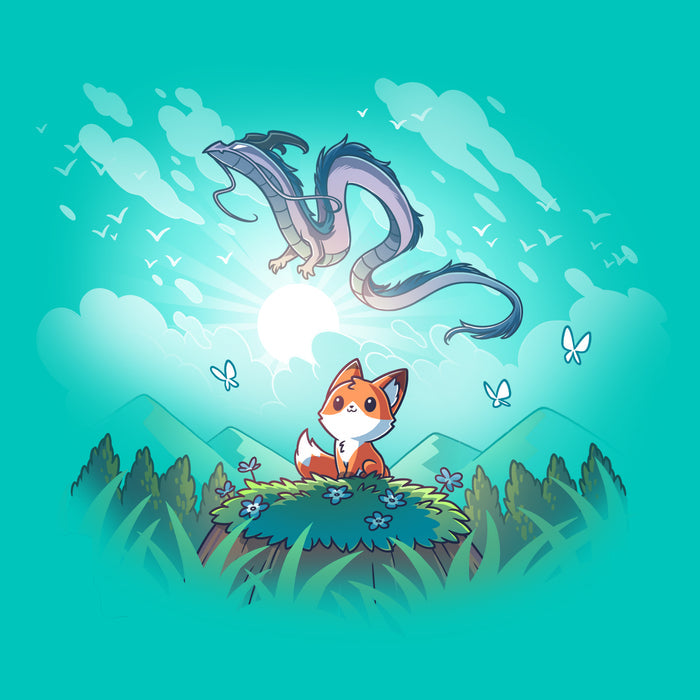 Premium Cotton T-shirt_TeeTurtle Caribbean blue Dragon Daydreams apparel featuring a fox in a mountainous forest looking up at a dragon flying in the sky.