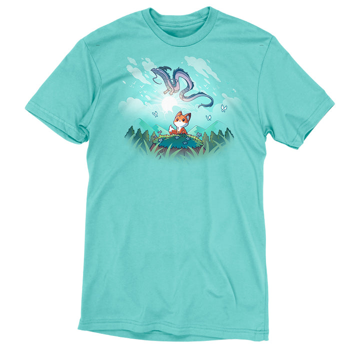 Premium Cotton T-shirt_TeeTurtle Caribbean blue Dragon Daydreams apparel featuring a fox in a mountainous forest looking up at a dragon flying in the sky.
