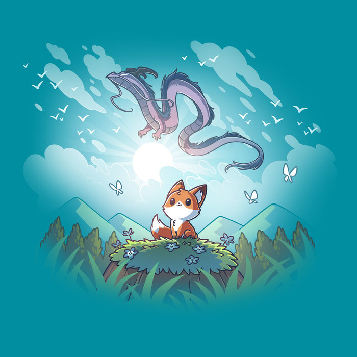 Classic Cotton T-shirt_TeeTurtle tropical blue Dragon Daydreams apparel featuring a fox in a mountainous forest looking up at a dragon flying in the sky.