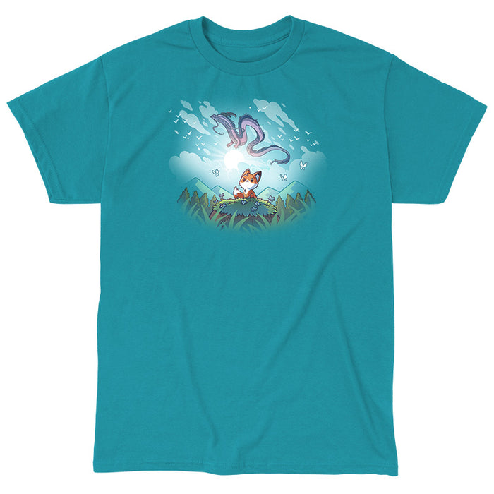 Classic Cotton T-shirt_TeeTurtle tropical blue Dragon Daydreams apparel featuring a fox in a mountainous forest looking up at a dragon flying in the sky.