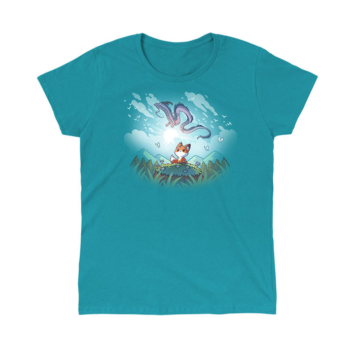 Classic Cotton T-shirt_TeeTurtle tropical blue Dragon Daydreams apparel featuring a fox in a mountainous forest looking up at a dragon flying in the sky.