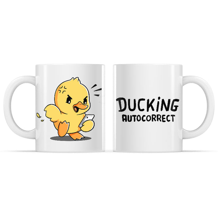 Ceramic Mug_TeeTurtle Ducking Autocorrect white mug featuring an angry duck holding a smartphone.