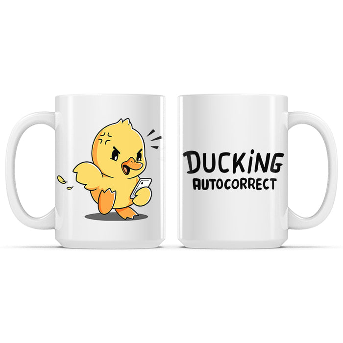 Ceramic Mug_TeeTurtle Ducking Autocorrect white mug featuring an angry duck holding a smartphone.