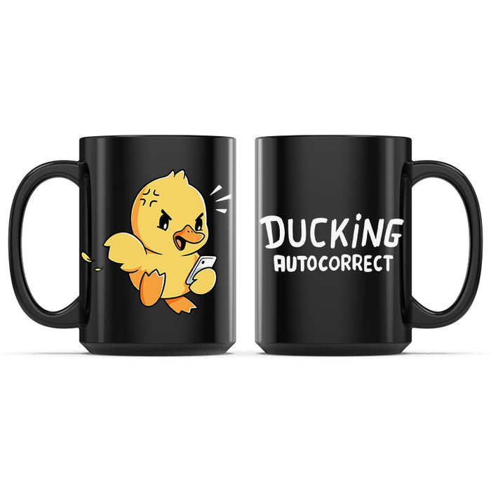 Ceramic Mug_TeeTurtle Ducking Autocorrect black mug featuring an angry duck holding a smartphone.