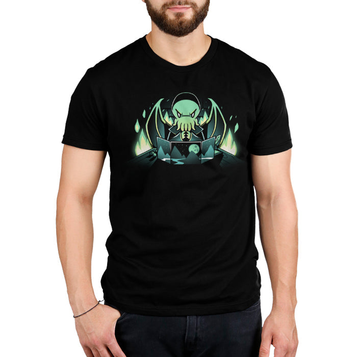 Premium Cotton T-shirt_TeeTurtle Dungeon Monster black t-shirt featuring a monster with green skin, tentacles, and wings sitting behind a gaming map with mountains and a moon, surrounded by glowing green flames.