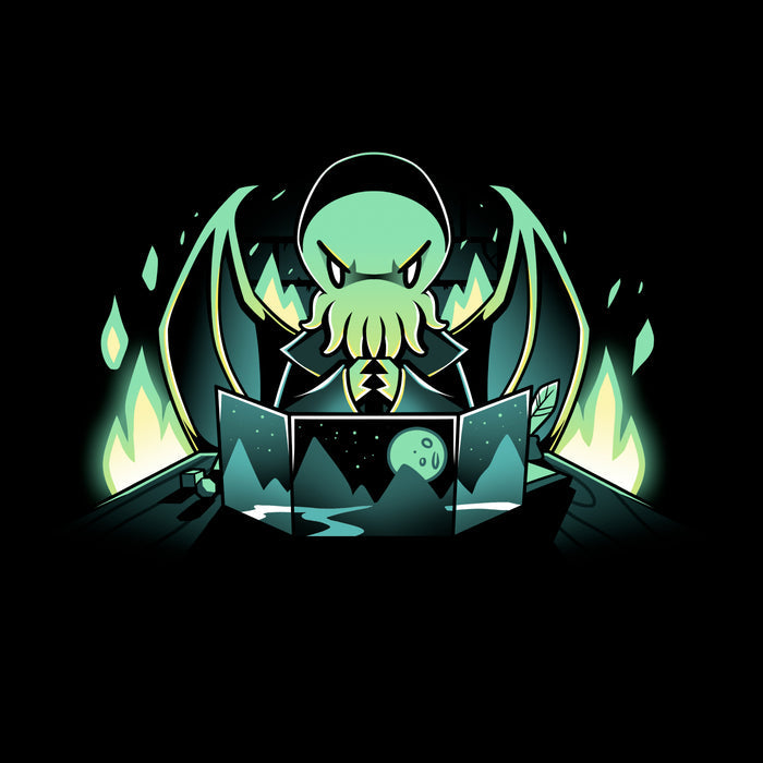 Classic Cotton T-shirt_TeeTurtle Dungeon Monster black t-shirt featuring a monster with green skin, tentacles, and wings sitting behind a gaming map with mountains and a moon, surrounded by glowing green flames.