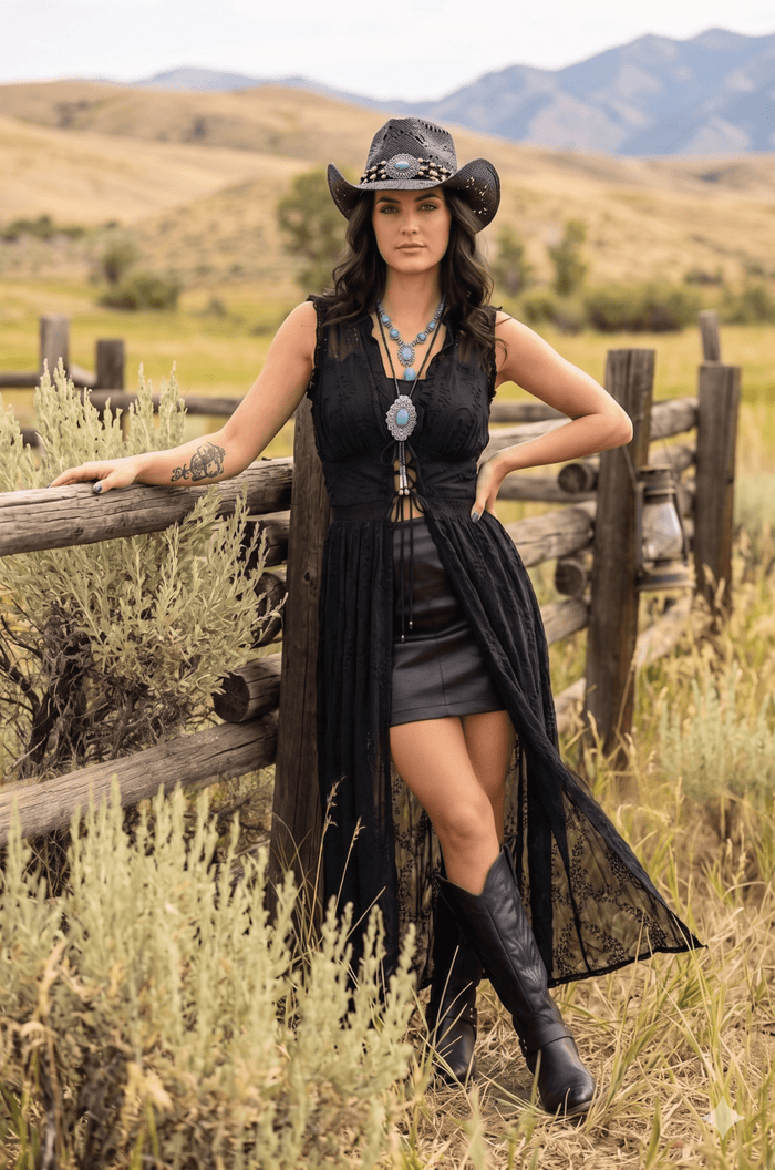 Gothic Western Fashion, Boho Cowgirl Top, Country Concert Outfits, Sheer Embroidered Top, High-Low Western Top, Festival Statement Piece, 2026 Western Trends, Nashville Girl Trip Style, Dark Romance Boutique
