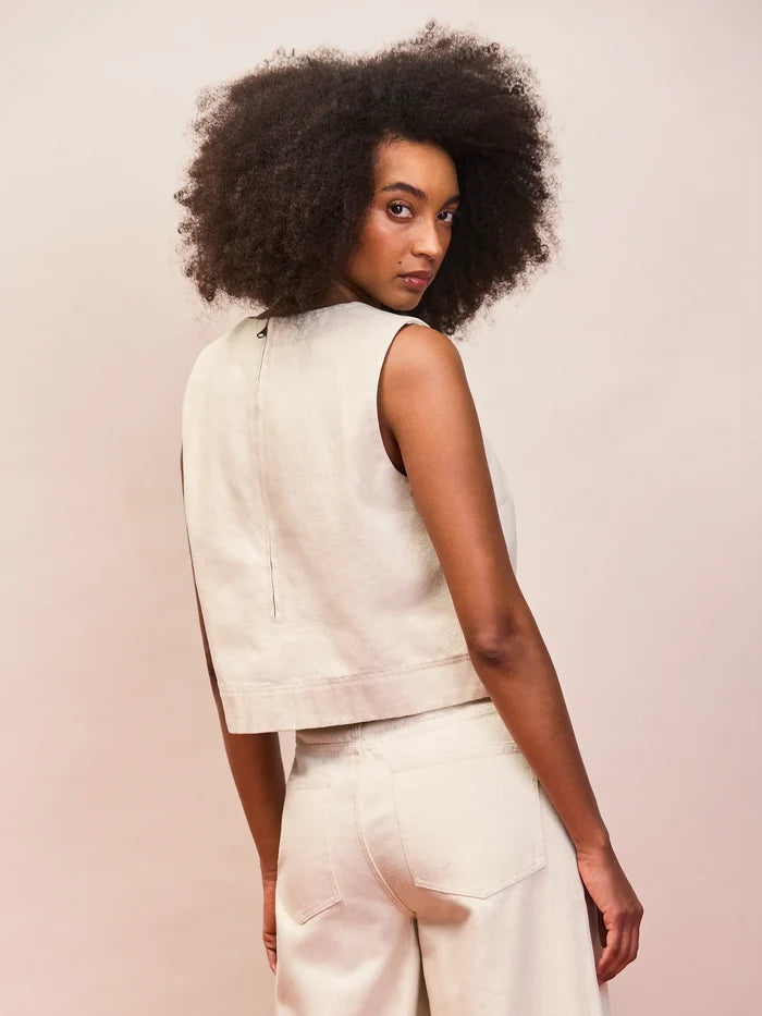 Ecru cotton twill sleeveless shell top back view