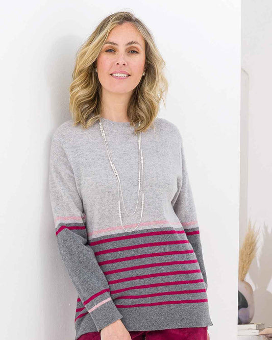 Edith Long Sleeved Striped Lambswool Jumper - Grey,Silver,Pink - Image 1 - The Classic Boutique