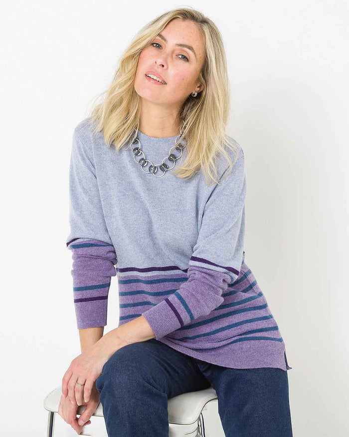 Edith Long Sleeved Striped Lambswool Jumper - Lilac,Grey - Image 2 - The Classic Boutique