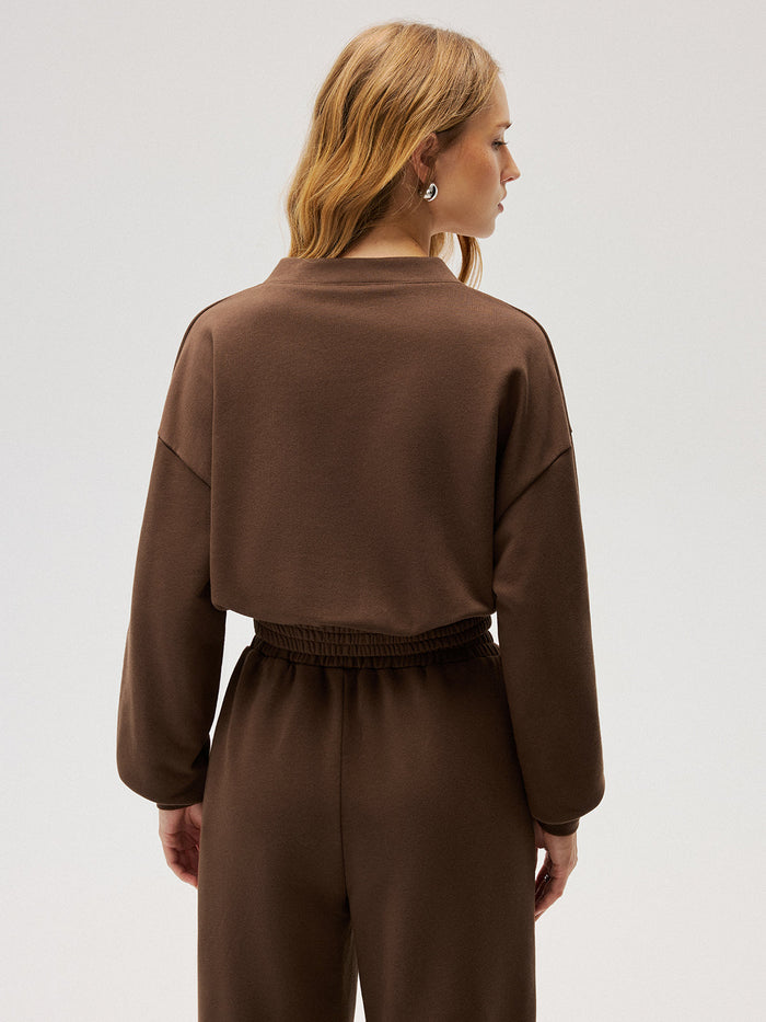 Elastic-Waist Button-Front Cropped Sweatshirt