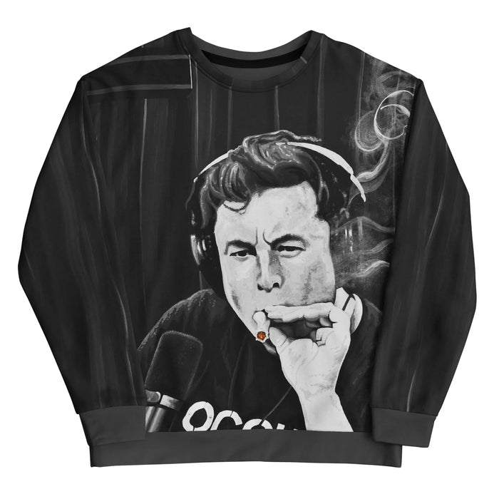 Rendered with the expressive grit of an oil painting, this digital artwork captures a viral broadcast moment of a tech tycoon (headphoned and leaning into a microphone). Contact us with accessibility feedback, we'd love to help!