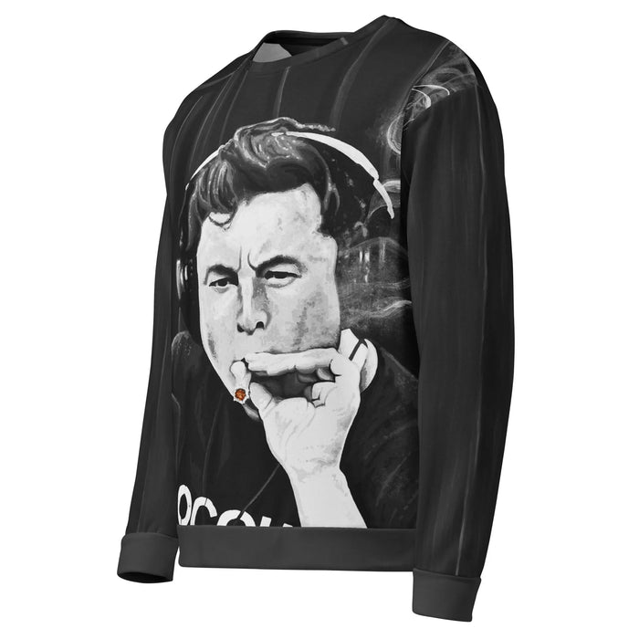 Elon Musk Sweatshirt - The distinct painterly silhouette of over-ear headphones against the `Slate Fog (#708090)` background, centered on the glowing `Ember Orange (#FF4500)` tip of the hand-rolled item.
