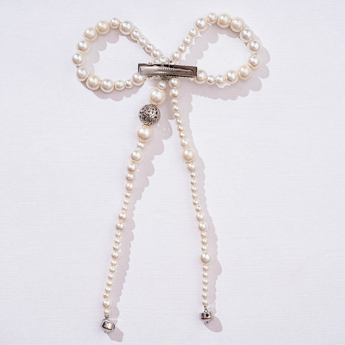 Embellished Pearl Hair Bow Alligator Clip with Silver Stone - Off-White