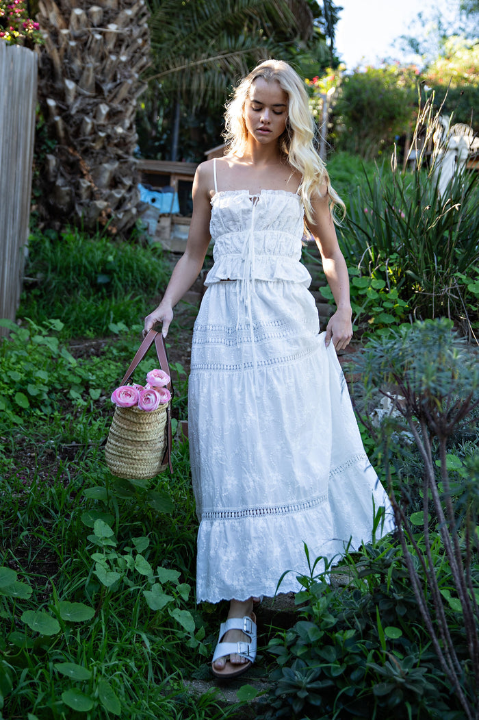 Embroidered Lace Crop Top & Maxi Skirt Set - White