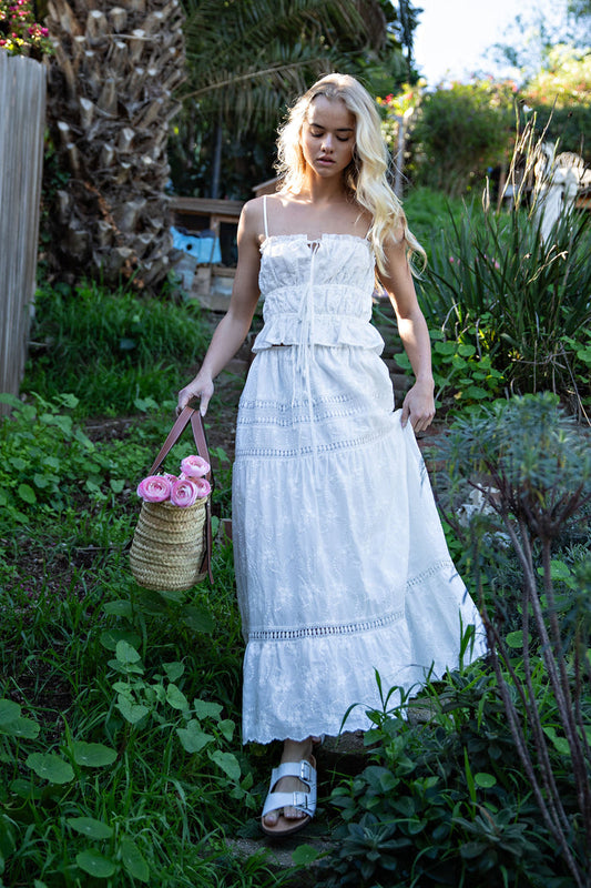 Embroidered Lace Crop Top & Maxi Skirt Set - White