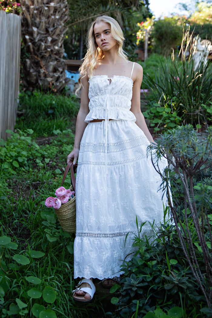Embroidered Lace Crop Top & Maxi Skirt Set - White