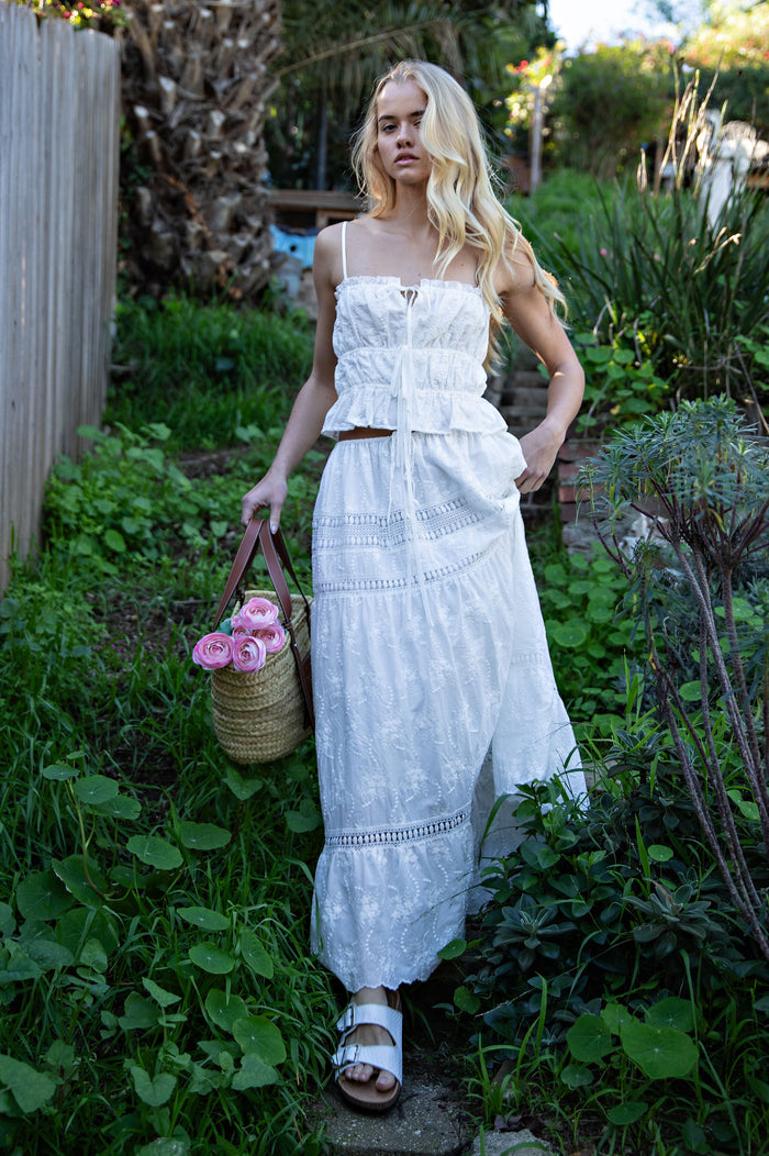 Embroidered Lace Crop Top & Maxi Skirt Set - White
