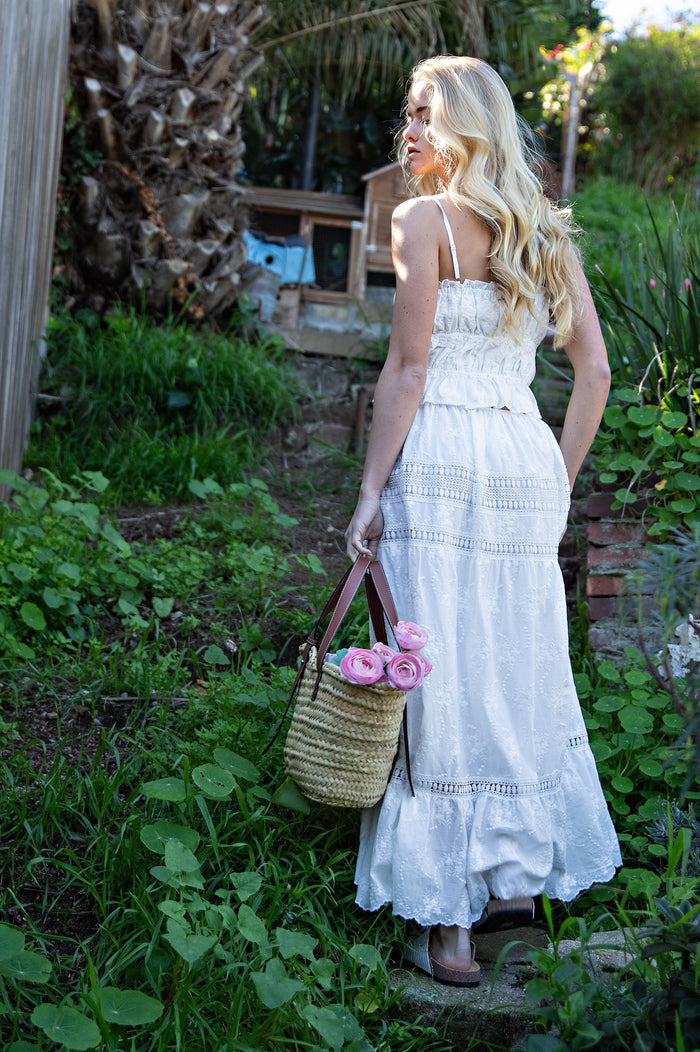 Embroidered Lace Crop Top & Maxi Skirt Set - White