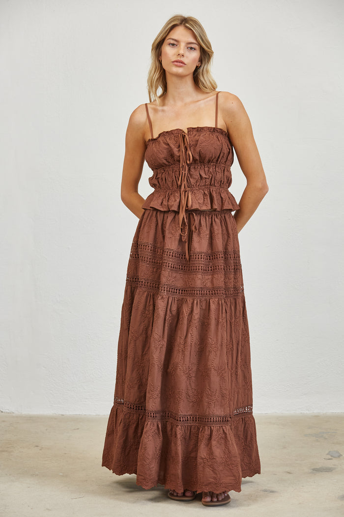 Embroidered Lace Crop Top & Maxi Skirt Set - White