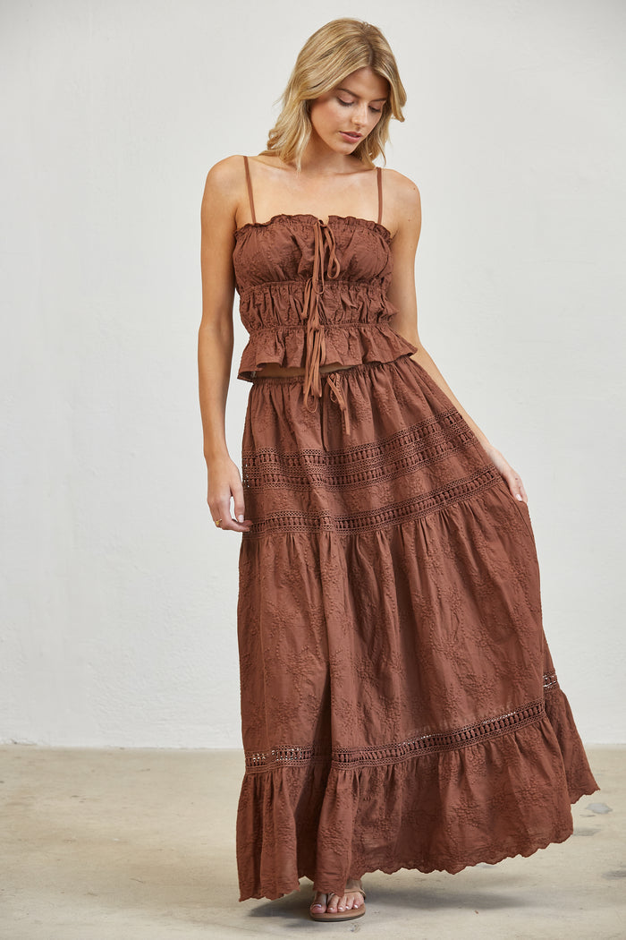 Embroidered Lace Crop Top & Maxi Skirt Set - White