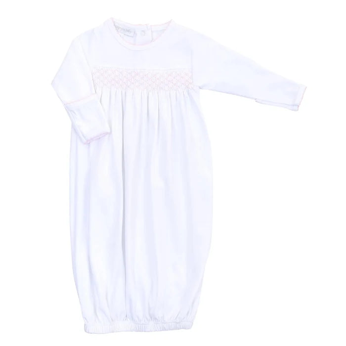 Essentials White Pink Smocked Gown — Pima Cotton Newborn Gown