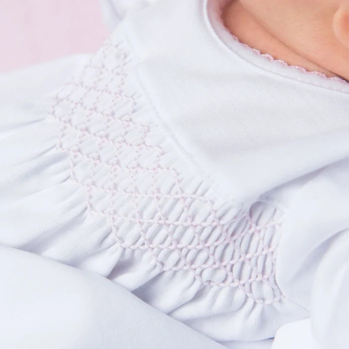 Essentials White Pink Smocked Gown — Pima Cotton Newborn Gown