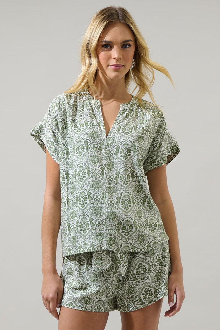 Estrada Floral Miah Split Neck Blouse