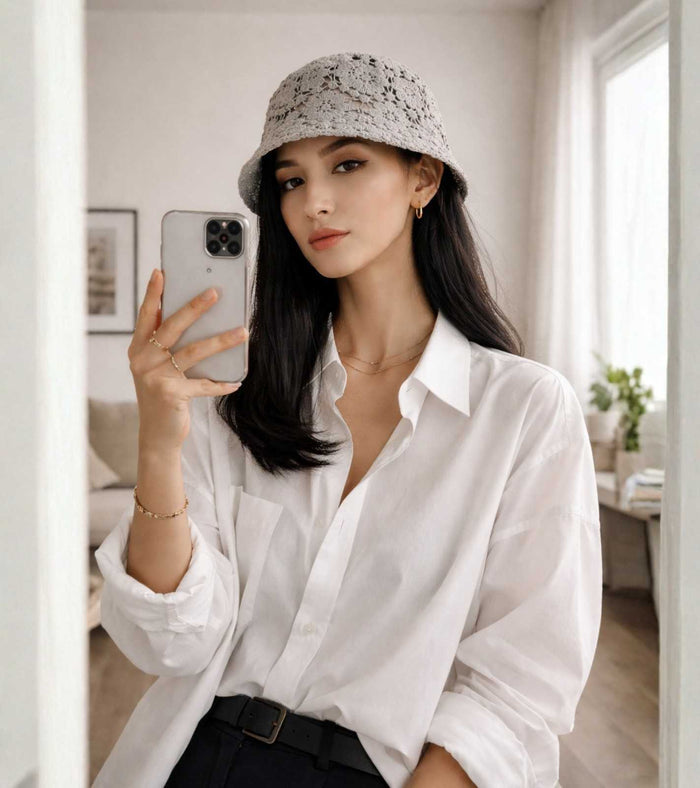 Grey crochet lace bucket cap with wide brim and open floral knit pattern