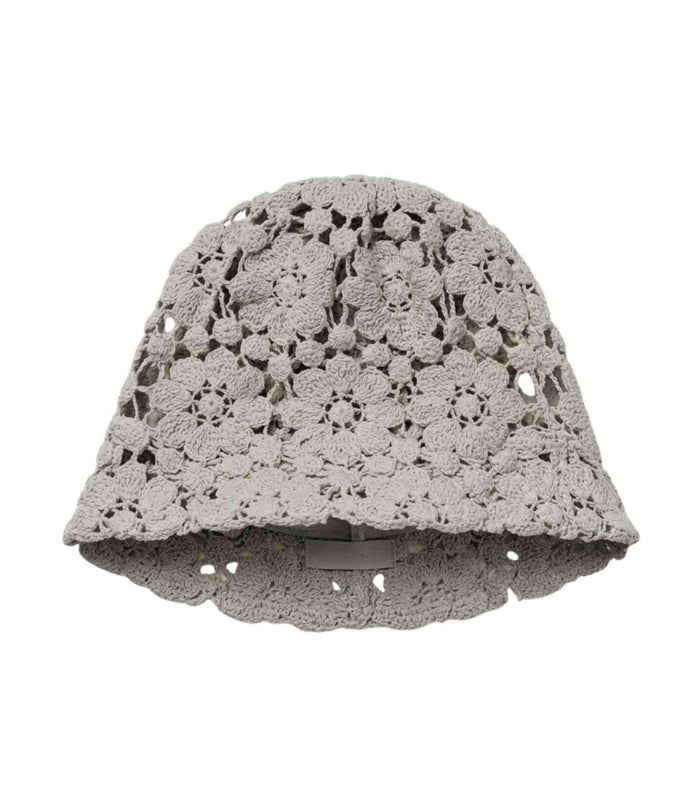 Grey crocheted bucket cap, open floral lace knit with scalloped brim