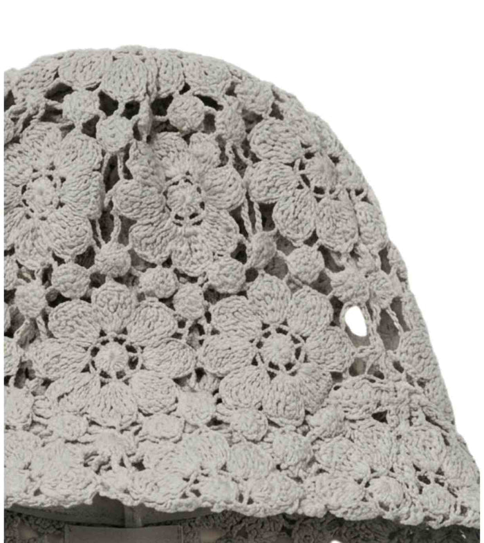 Grey open-knit crochet lace bucket cap, floral motifs on textured crown
