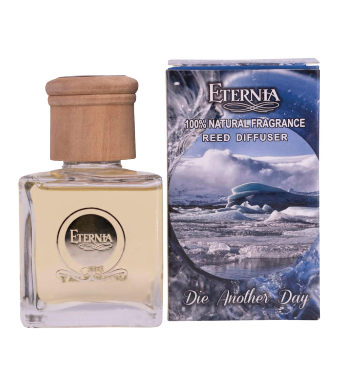 Glass reed diffuser bottle with wooden cap and Eternia rattan reed diffuser box