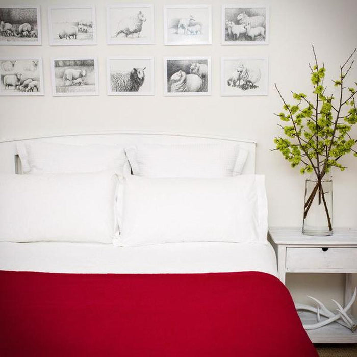 Cherry colour king wool blanket with co-ordinated stitch.