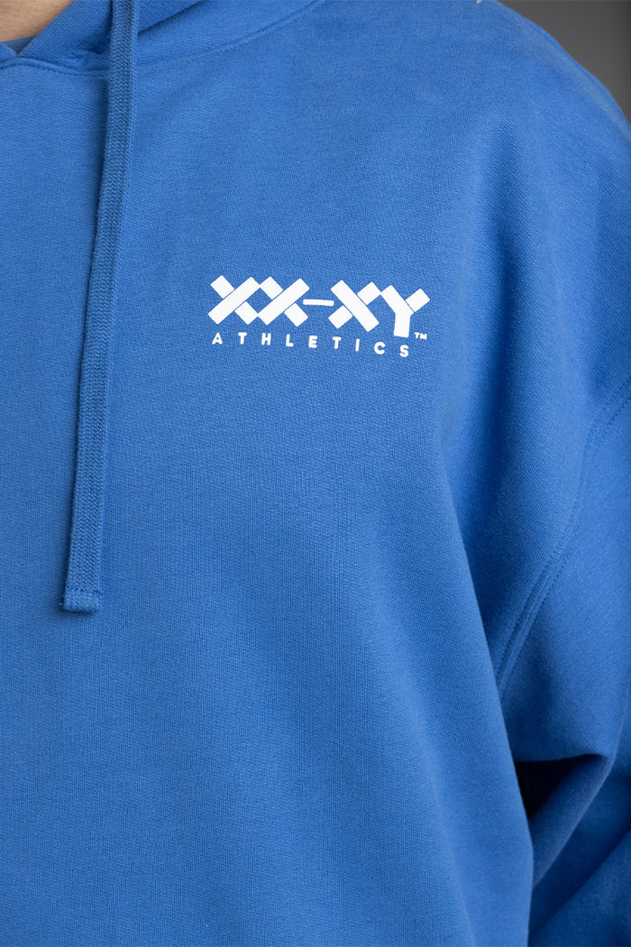 Blue hoodie with 'XX-XY Athletics' logo on a plain background || Blue