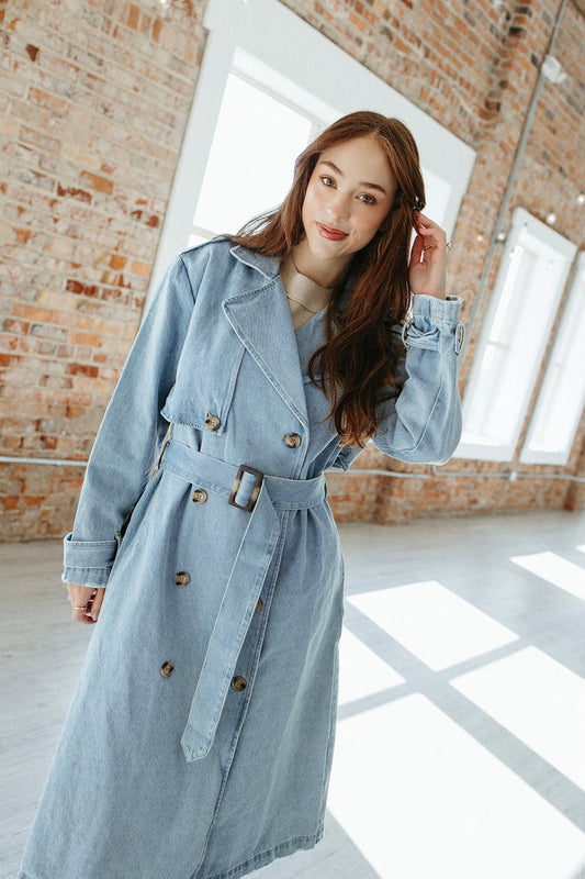 denim trench coat, double breasted coat, lightweight trench, women's denim outerwear, rayon trench coat, long denim jacket, belted trench coat