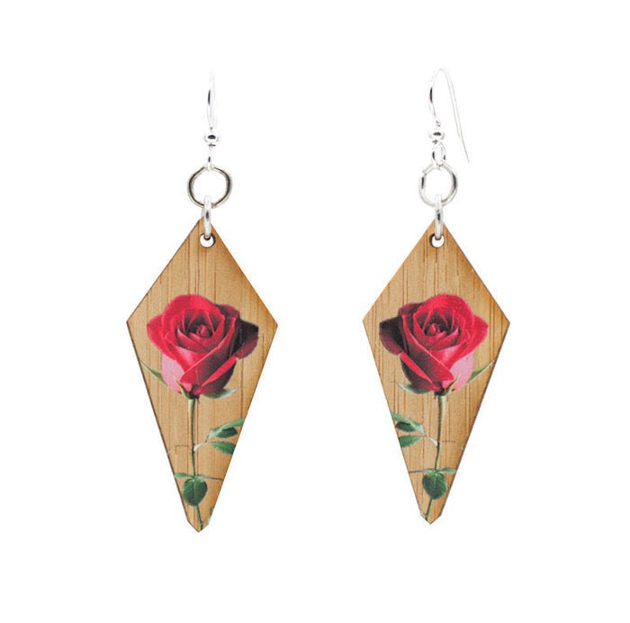 Bamboo rose earrings with layered petals, laser-cut and made in USA
