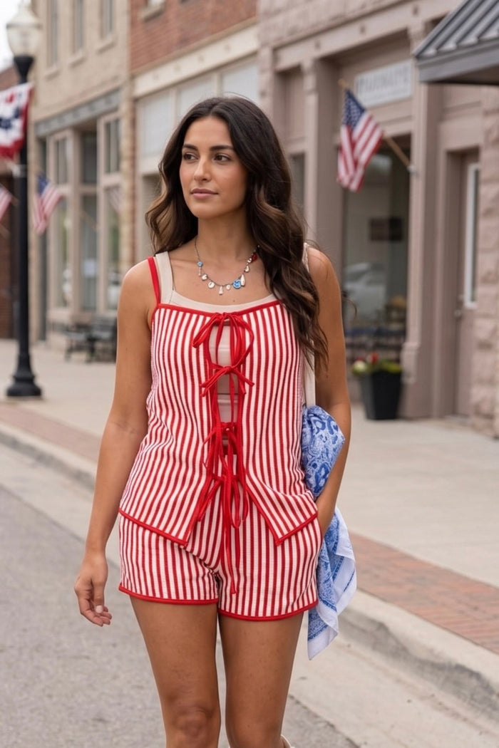 Red and white striped high-waisted shorts with contrast red trim, perfect for Fourth of July outfits, country concerts, summer festivals, rodeos, and Americana-inspired style.