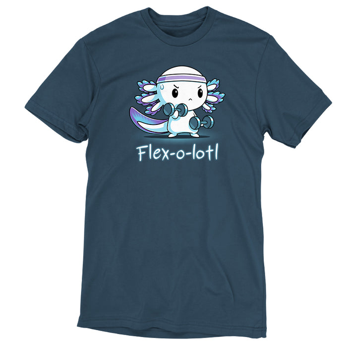 Premium Cotton T-shirt_TeeTurtle Flex-o-lotl denim blue apparel featuring an axolotl wearing a sweatband and exercising lifting weights and a pun underneath.