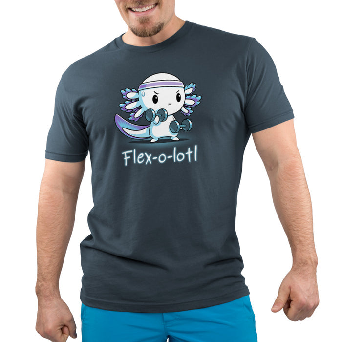 Premium Cotton T-shirt_TeeTurtle Flex-o-lotl denim blue apparel featuring an axolotl wearing a sweatband and exercising lifting weights and a pun underneath.