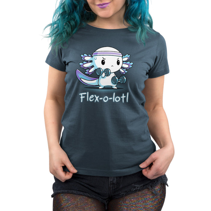 Premium Cotton T-shirt_TeeTurtle Flex-o-lotl denim blue apparel featuring an axolotl wearing a sweatband and exercising lifting weights and a pun underneath.