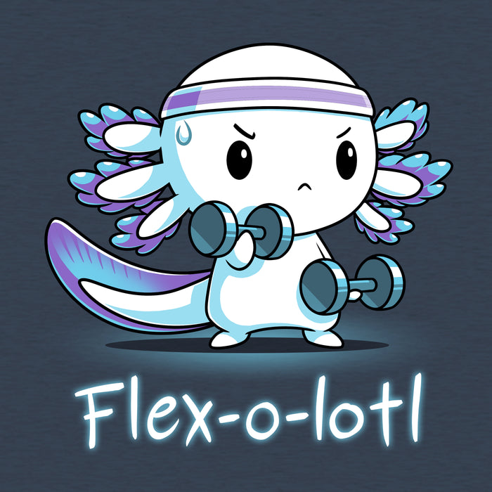 Classic Cotton T-shirt_TeeTurtle Flex-o-lotl heather navy apparel featuring an axolotl wearing a sweatband and exercising lifting weights and a pun underneath.