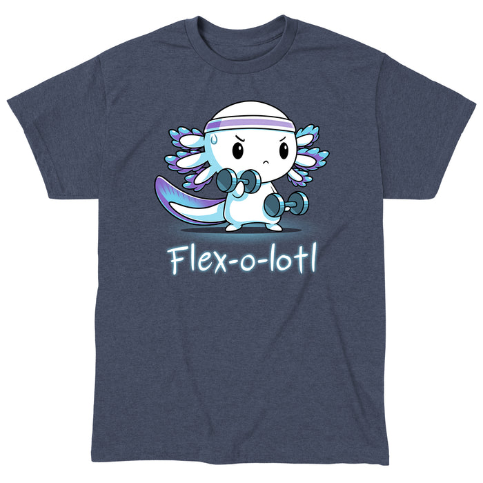 Classic Cotton T-shirt_TeeTurtle Flex-o-lotl heather navy apparel featuring an axolotl wearing a sweatband and exercising lifting weights and a pun underneath.