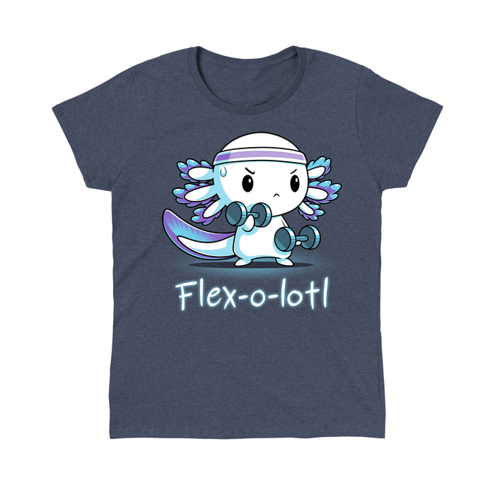 Classic Cotton T-shirt_TeeTurtle Flex-o-lotl heather navy apparel featuring an axolotl wearing a sweatband and exercising lifting weights and a pun underneath.