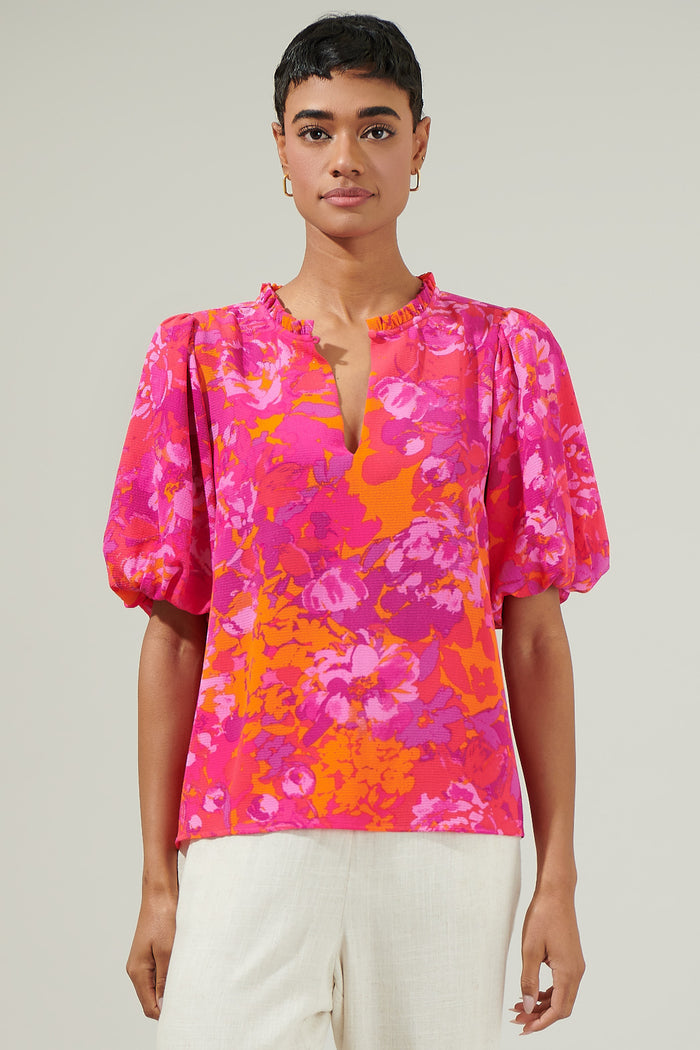 Flirty Floral Split Neck Blouse