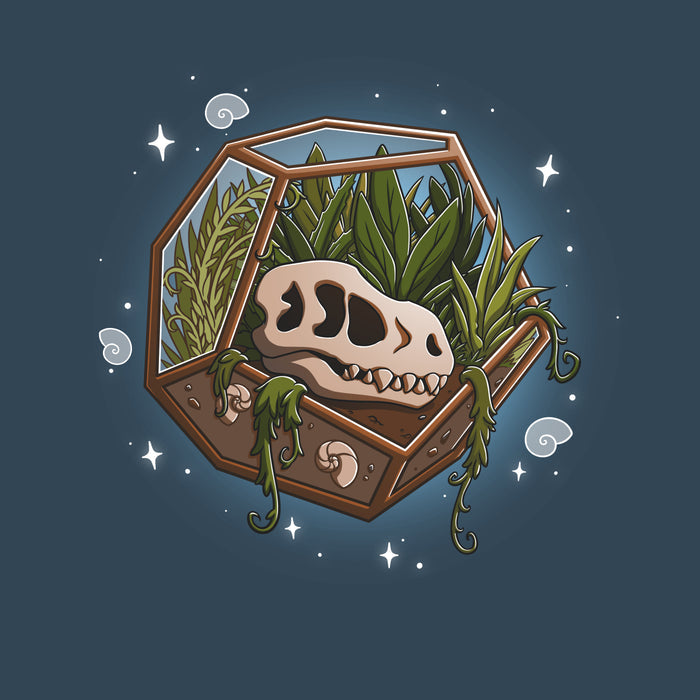 Premium Cotton T-shirt_TeeTurtle Flora Fossils denim blue t-shirt featuring an illustration of a skull in a hexagonal glass terrarium with various plants growing inside, surrounded by small stars and swirls.