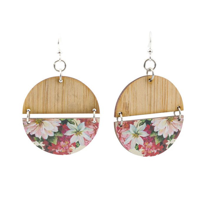 Bamboo floral half circle earrings with botanical cut-out pattern, made in USA