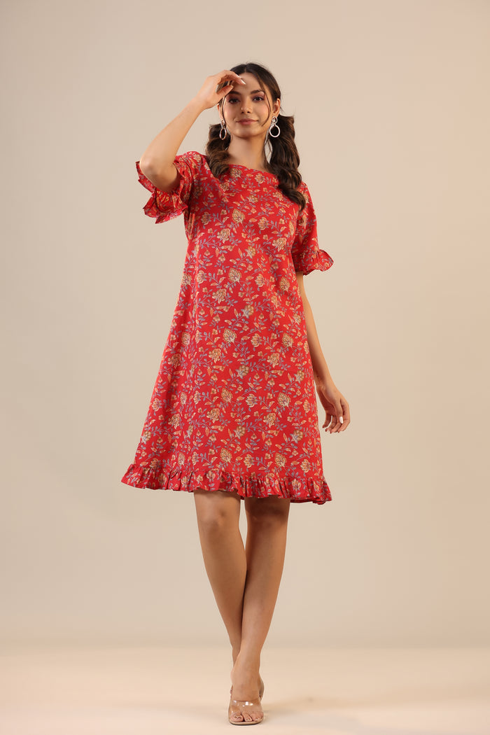 Floral Jaal on Red Cotton T-shirt Dress