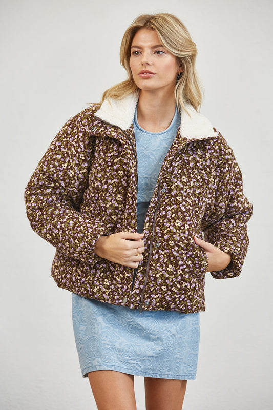 Floral Print Sherpa Collar Puffer Jacket - PLUM MULTI