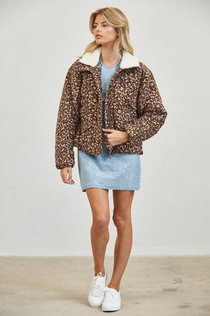 Floral Print Sherpa Collar Puffer Jacket - PLUM MULTI