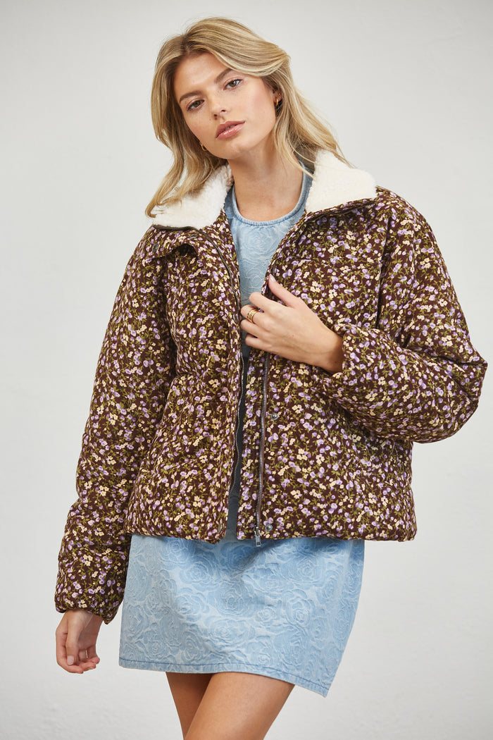 Floral Print Sherpa Collar Puffer Jacket - PLUM MULTI